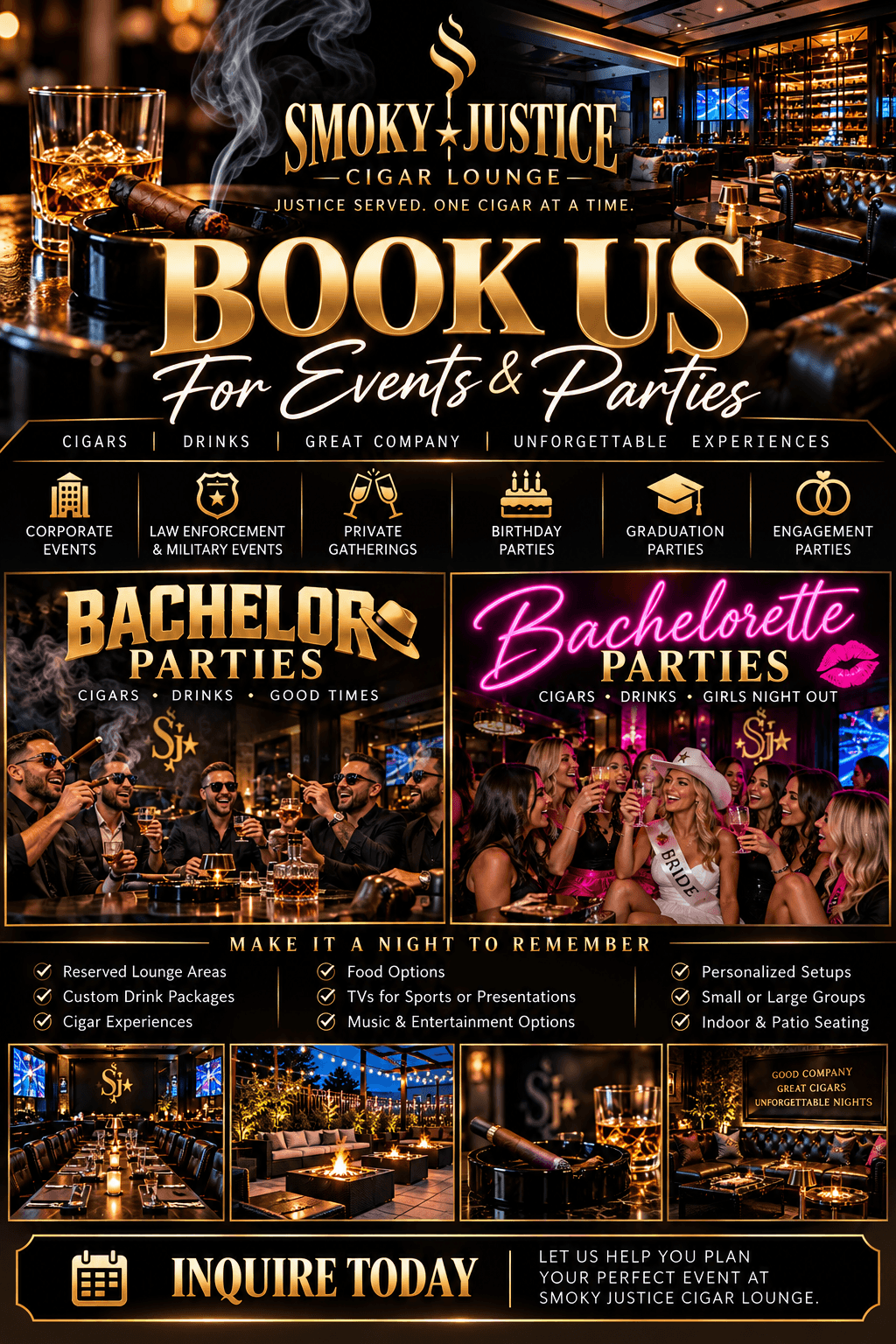 Book Smoky Justice for events and parties — bachelor and bachelorette parties, birthdays, corporate and private gatherings. Inquire today.