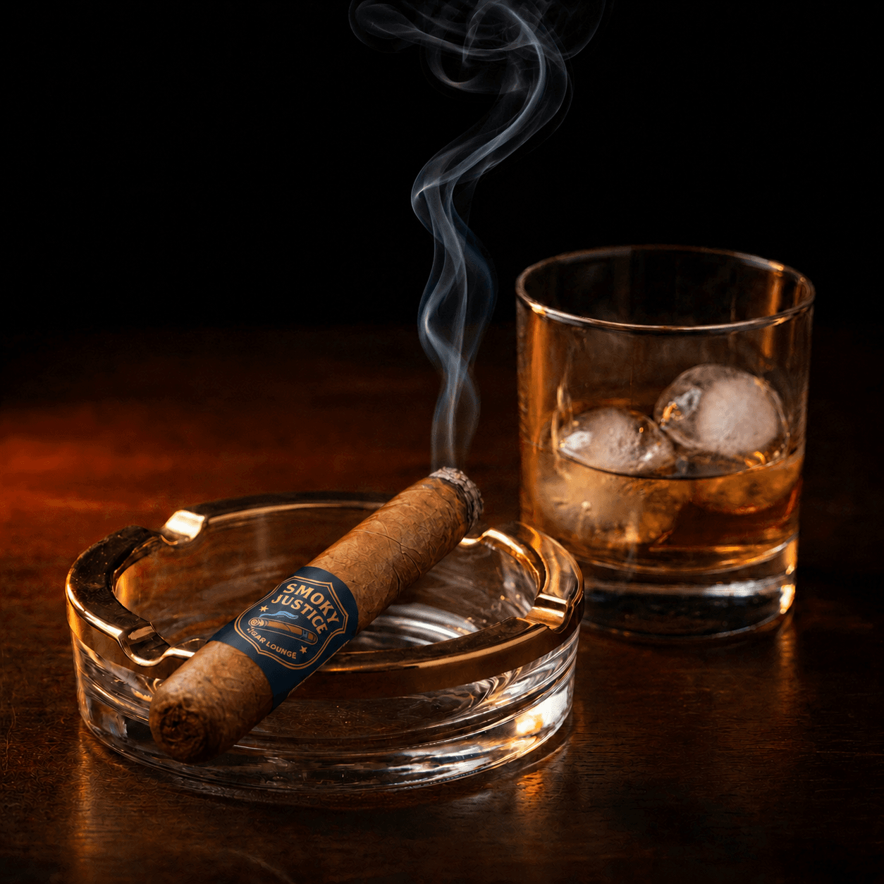 Smoky Justice cigar in crystal ashtray with whiskey and ice
