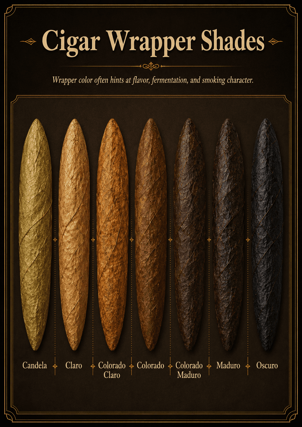 Seven cigars showing the wrapper color spectrum from Candela to Oscuro